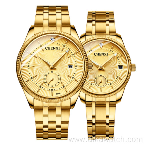 Hot 069 CHENXI All Gold Couple Watch Fashion Simple And Beautiful Calendar Quartz Watch